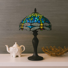 Tiffany Style Table Lamp 10 inch Green Dragonfly Stained Glass Shade Multicolor