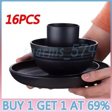 Black 16 Piece Dinnerware Set Kitchen Dining Set Mugs Bowls Plates UK