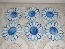 Set Of 6 Hand Made Blue Daisy Crocheted Doily Coasters