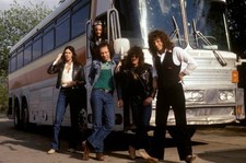 TOUR BUS and STARZ posed group shot with tour bus Music Singer Band Old Photo