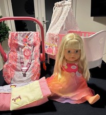 Baby Born Soft Bodied Sister Doll Blonde in Unicorn Dress + Magic Cot + Seat