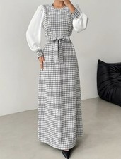 Women's Elegant A-Line Long Dress with Puffed Sleeve & Bowknot Waist
