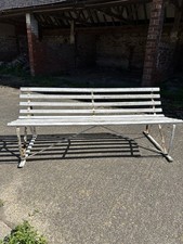 Antique English White Wrought Iron Wood Strap Bench Vintage Country Garden Bench