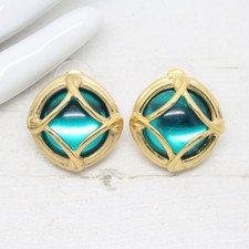 Vintage Signed Joan Rivers Gold Plated Emerald Green Stud EARRINGS Jewellery