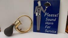 1920's Antique Brass Pump Car Horn together with Contempory Sign