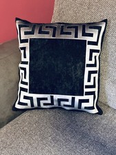 Black & silver /Grey Greek Key/Border/ Velvet Decorative Pillow Throw Cover 17”