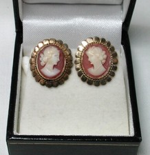 9ct Gold Carved Cameo Large Stud Earrings 1960's Vintage 23101