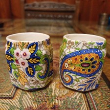 Antique Pottery Egg Cups X2. Transfer printed with paisley pattern. VGC 