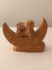Terracotta Winged Cherub Angel on Moon Ornament / Figurine 9.5cm
