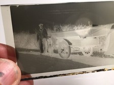 vintage PHOTO NEGATIVE snapshot BOAT ON TRAILER side of the road ROW father son