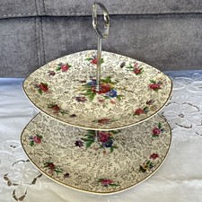 *VTG MIDWINTER STYLECRAFT TWO TIER CAKE STAND FLORAL DESIGN SILVER TONE HANDLE*