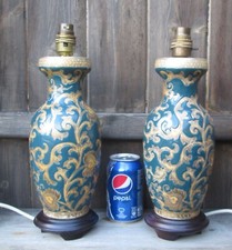 Pair Carlos Remes Chinese Gold Racing Green Arabesque Porcelain Table Lamp Bases