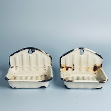 ANTIQUE FRENCH ENAMEL SOAP DISH HOLDERS X2 MATCHING BATHROOM WALL ENAMELWARE