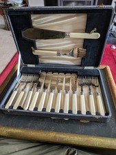 Vintage Faux Bone Handled Fish Knive Fork Set of Six With Serving Knife & Fork.