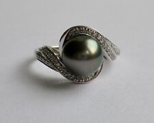 18ct Gold South Sea / Tahitian Black Pearl  Diamond White Gold Ring Size T