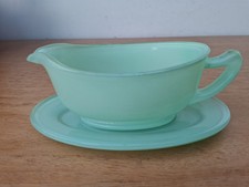 Vintage 50s 60s Pyrex Sprayware Green Sauce Gravy Boat & Stand Saucer 