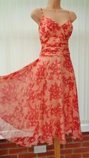 MONSOON ORIANE ESME CORAL PEACH SHEER SILK 50'S FLARE COCKTAIL MIDI DRESS 8 NEW