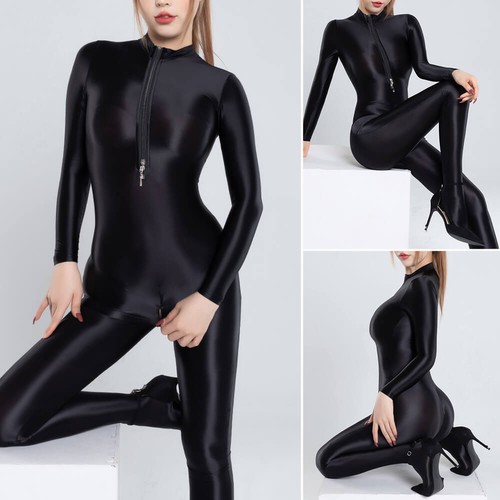 Women black satin bodystocking - black,