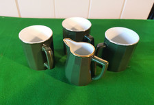 3 APILCO PORCELAINE FRANCE ~ BISTRO WARE GREEN GOLD ~ 3 1/2" MUGS + A MILK JUG