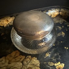 Lovely Antique Etched Glass Sterling Silver Dressing Table Pot - Engine Turned