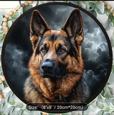  LOVELY ROUND METAL GERMAN SHEPHERD  DOG  SIGN, 8" DIAM  ALSATIAN DOG