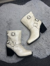 cream white public desire buckle details biker heeled square toe ankle boots 5