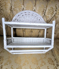Vintage White Wicker Wall Shelf with Towel Bars Cottagecore Bathroom or Kitchen