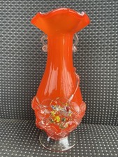 Vintage Murano Orange Glass Vase Hand Blown In Italy 1970