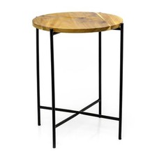 Round Acacia Wood Side Table | Black Metal End Table For Living Room - 40x48cm