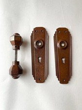 1930s Art Deco Bakelite door knobs & stepped backplates, mottled brown, original