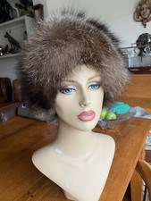 LARGE VINTAGE 90S GENUINE RUSSIAN SILVER FOX ROUND FUR HAT GREY BROWN WINTER