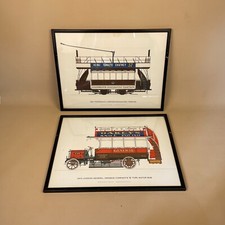 Vintage London & Portsmouth Tram Drawings from 1910 & 1891 Antique Framed Prints