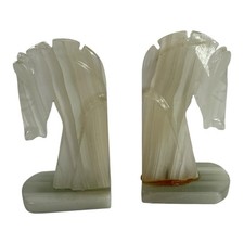 VTG bookends agate / Onyx Hand carved Horse heads Trojan Horse chipped & 1 Glued