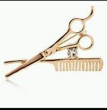 Gold Scissors & Comb Brooch Stylist Hairdresser Crystal Hair Barber Pin Gift 655