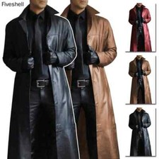 Man Steampunk Pu Leather Trench Coat Solid Color Long Lapel Gothic Spring Autumn