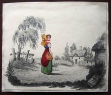 19th CENTURY PENCIL AND WATERCOLOUR SKETCH MAID AND A COTTAGE