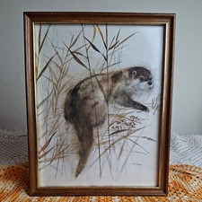 Vintage Mads Stage Wildlife Watercolour Picture Otter Framed 25cm x 20cm VGC