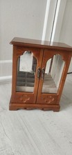 Vintage Wood Jewellery Box Cabinet with etched Glass Doors & inside drawers etc