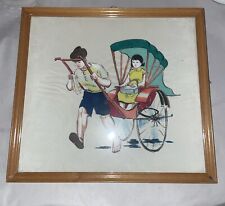 Vintage Late 20th Century Painting On Silk? Of A Woman Having A Rickshaw Ride
