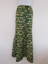 Vintage Skirt Green Yellow Maxi Striped Floral African Elastic Size 12 FLAW