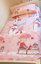 Childs Christmas Pink Single Duvet Set - Little Girl with animals in the snow