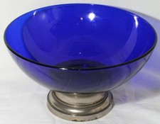 Beautiful Large Vintage Cobalt Blue Glass Punch or Fruit Bowl on Plated Foot 10"
