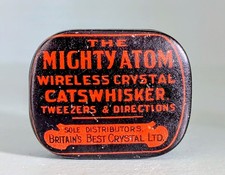 Vintage The Mighty Atom Wireless Crystal Cats Whisker Tin Advertising Bristol UK