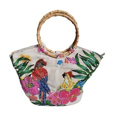 Tote ratten bamboo sequin bag colourful summer floral bird pockets beaded
