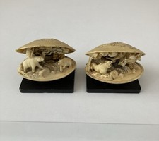 Pair Vintage Japanese Celluloid Diorama Clam Shell Sculpture Scenes