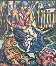 Woodcut Woman Sewing with Her