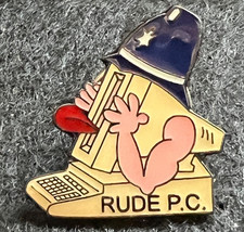 RUDE PC COMPUTER STICKING TONGUE OUT WEARING POLICE HELMET PIN BADGE