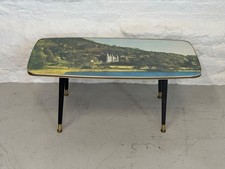 Vintage Mid-Century Coffee Table – Scenic Print Top – Brass Legs – Retro 1960s