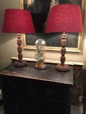 Pair Of Refurbished Antique Vintage Carved Indian Table Lamps