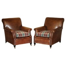 PAIR OF GEORGE SMITH BROWN LEATHER SIGNATURE SCROLL TARTAN CUSHIONS ARMCHAIRS